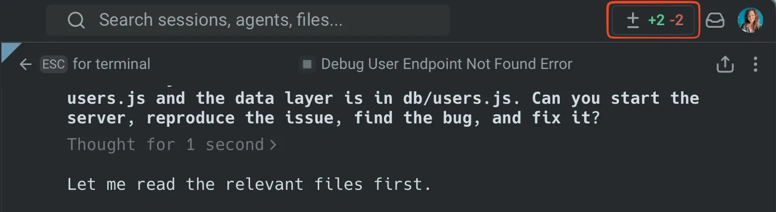 Code Review button in the top-right corner of the Warp title bar showing file and line change counts